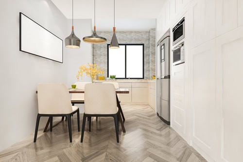 Reforma integral de cuina moderna, fruit d'una reforma integral, compta amb terres de fusta clara, una taula de menjador amb quatre cadires, llums penjants i electrodomèstics d'acer inoxidable. Una finestra i plantes decoratives milloren la decoració minimalista.